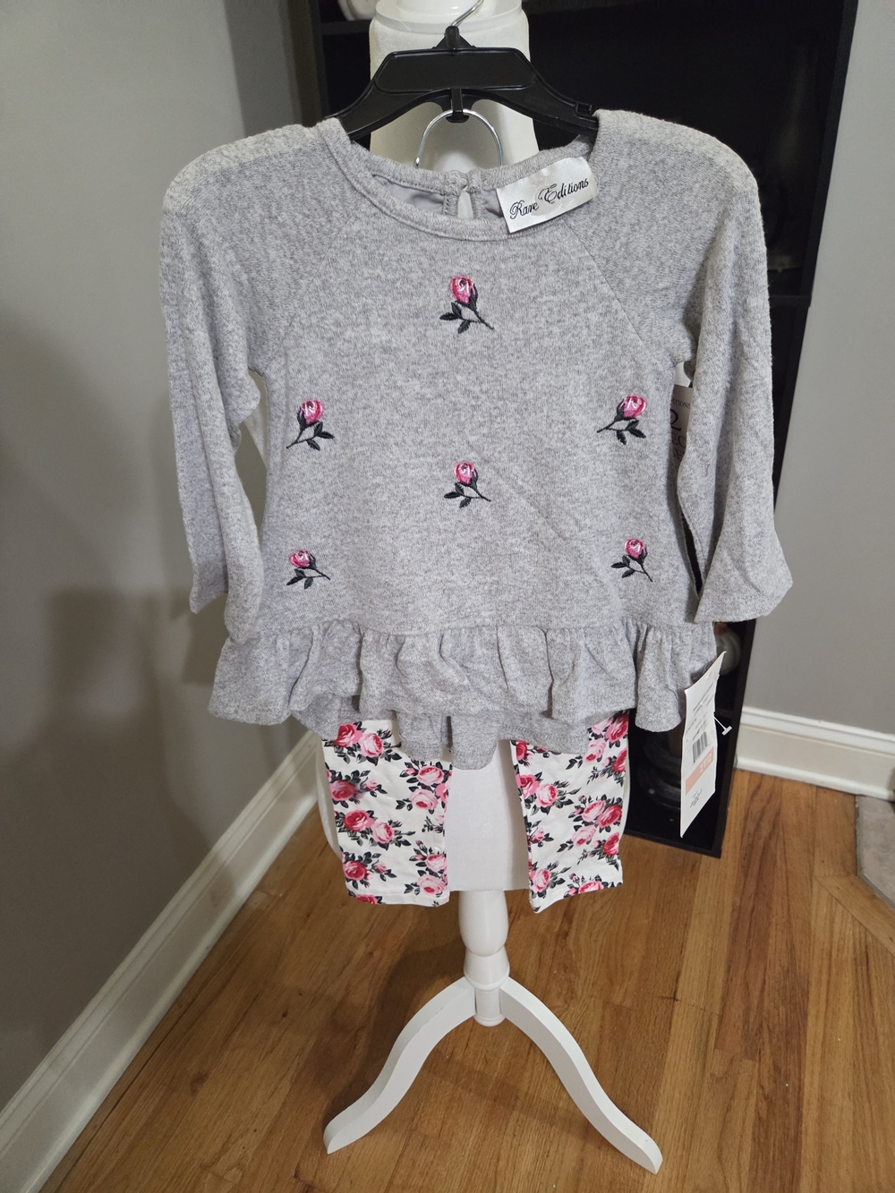 Rare Editions Gray Top with Pink Rose Embroidered Set